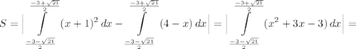 \Large \displaystyle S = \Big|\int\limits_{\frac{-3 - \sqrt{21}}{2}}^{\frac{-3 + \sqrt{21}}{2}} {(x+1)^2}\,dx - \int\limits_{\frac{-3 - \sqrt{21}}{2}}^{\frac{-3 + \sqrt{21}}{2}} {(4 - x)} \, dx\Big| =\Big| \int\limits_{\frac{-3 - \sqrt{21}}{2}}^{\frac{-3 + \sqrt{21}}{2}} {(x^2 + 3x - 3)} \, dx \Big|=