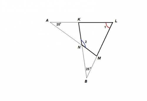 Ввыпуклом четырехугольнике klmn лучи lk и mn пересекаются под углом 25∘. лучи lm и kn, пересекаются