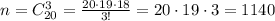 n=C_{20}^3=\frac{20\cdot 19\cdot 18}{3!}=20\cdot 19\cdot 3=1140