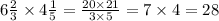 6 \frac{2}{3} \times 4 \frac{1}{5} = \frac{20 \times 21}{3 \times 5} = 7 \times 4 = 28