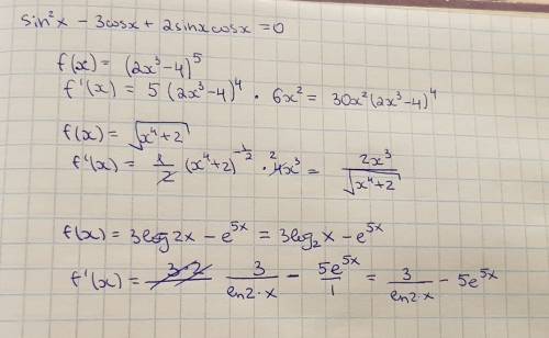 Найти производную1)f(x)=(2x^3-4)^52)f(x)=корень x^4+23)f(x)=3log2x-e^5x