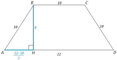 Люди, хелп, в не шарю решить найдите площадь трапеции со сторонами 10см 10см 10см и 22см
