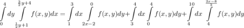 \displaystyle \int\limits^{4}_{0}dy\int\limits^{\frac{3}{2}y+4}_{\frac{1}{2}y+1}f(x,y)dx=\int\limits^{3}_{1}dx\int\limits^{0}_{2x-2}f(x,y)dy+\int\limits^{4}_{3}dx\int\limits^{4}_{0}f(x,y)dy+\int\limits^{10}_{4}dx\int\limits^{\frac{2x-8}{3}}_{4}f(x,y)dy