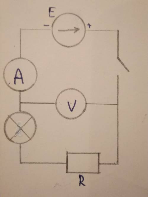 Составить и начертиь схему : источник,лампа,амперметр ,резистлр,вольтметр ключ