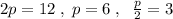 2p=12\; ,\; p=6\; ,\; \; \frac{p}{2}=3