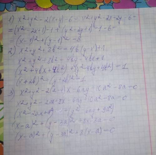 Выделите полные квадраты: 1) x^2+y^2-2(x+y)-6= 2) x^2+y^2+8b^2=4b(y-x)+1 3) x^2+y^2-2(a-4)x-6ay+10a^