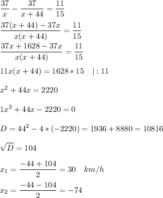 \displaystyle \frac{37}{x} - \frac{37}{x+44}= \frac{11}{15} \\ \\ \frac{37(x+44) - 37x}{x(x+44)} =\frac{11}{15} \\ \\ \frac{37x+1628-37x}{x(x+44)}=\frac{11}{15}\\ \\ 11x(x+44)= 1628*15\quad |:11\\ \\ x^{2} +44x = 2220\\ \\ 1x^{2} +44x-2220=0\\ \\ D= 44^{2}-4*(-2220)=1936+8880= 10816\\ \\ \sqrt{D}= 104\\ \\ x_{1}=\frac{-44+104}{2}= 30\quad km/h \\ \\ x_{2} =\frac{-44-104}{2}= - 74