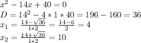 x^2-14x+40=0\\D=14^2-4*1*40=196-160=36\\x_1=\frac{14-\sqrt{36} }{1*2 }=\frac{14-6}{2} =4\\x_2=\frac{14+\sqrt{36} }{1*2 }=10