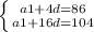 \left \{ {{a1+4d=86} \atop {a1+16d=104}} \right.