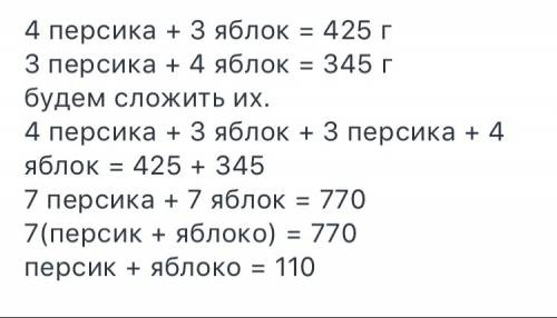 Масса 4-х персиков и одного яблока 0,79 кг, а 1-ого персика та 5-ти яблок 1,385 кг. какая масса 1-ог