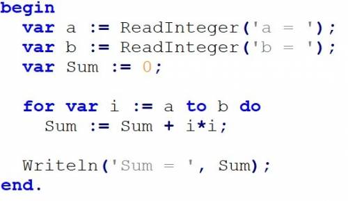 Много ! 1! , , написать программу на паскале: ввести два целых числа a и b (a ≤ b) и вывести сумму к