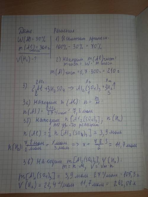 Какой объем водорода образуется при взаимодействии серной кислоты 300 гр алюминия содержащего 30 про