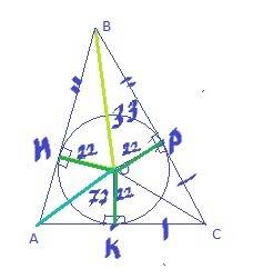 Радиус окружности, вписанной в треугольник abc, равен 22 см. расстояние от центра о этой окружности