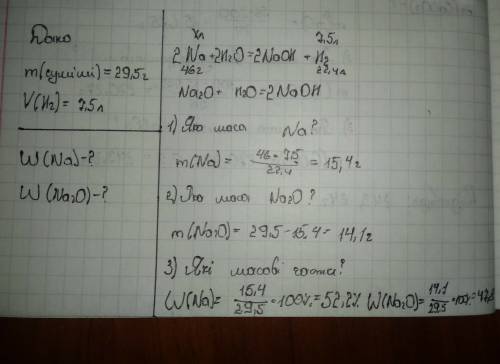 Уводі розчинили суміш натрію і натрій оксиду 29,5 г. при цьому виділився газ об'ємом 7,5 л (н.у. ).