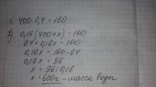 Сколько воды нужно добавить к 400 г 40%-ного раствора соли, чтобы получить 16%-ный раствор соли?