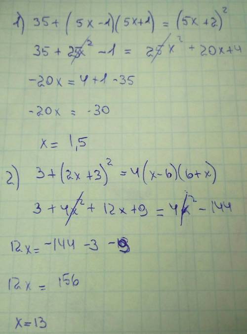 Решите уровнение 1)35+(5х-1)(5х+1)=(5х+2)^2 2)3+(2х+3)^2=4(х-6)(6+х) 3)6-х+(2х-1)^2=4(х+3)^2 4)39х+(