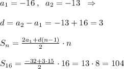 a_1=-16\; ,\; \; a_2=-13\; \; \Rightarrow \\\\d=a_2-a_1=-13+16=3\\\\S_{n}=\frac{2a_1+d(n-1)}{2}\cdot n\\\\S_{16}=\frac{-32+3\cdot 15}{2}\cdot 16=13\cdot 8=104