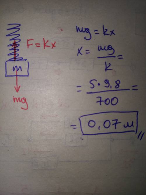 На пружину подвесили груз массой 5 кг. определите удлинение пружины, если ее коэффициент жесткости р