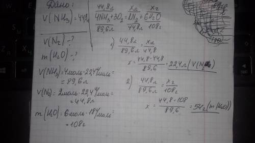 Определите объем азота и массу воды которые образуются на воздухе при сгорании 44,8 л аммиака