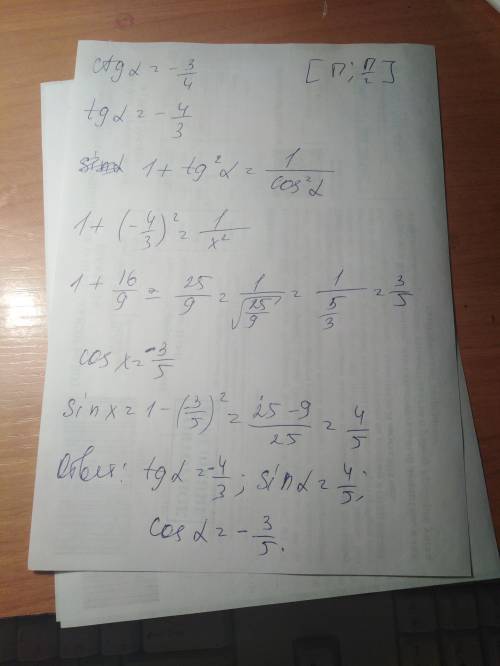 Ctg a = -3/4 і п/2 знайти tg a? sin a? cos a?