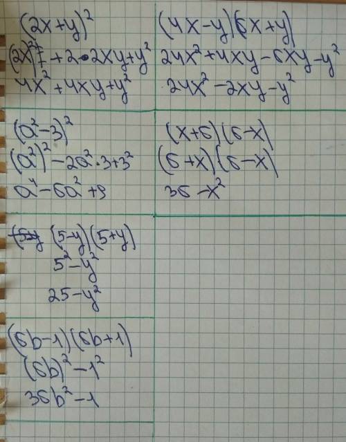 1. выполните умножение двучленов(2х+у)²(а²-3)²(5-у)(5+у)(6b-1)(6b+1)(4x-y)(6x+y)(x+6)(6-x)