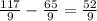 \frac{117}{9} - \frac{65}{9} = \frac{52}{9}