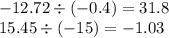 - 12.72 \div ( - 0.4) = 31.8 \\ 15.45 \div ( - 15) = - 1.03