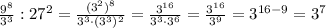 \frac{9^8}{3^3}:27^2=\frac{(3^2)^8}{3^3\cdot (3^3)^2}=\frac{3^{16}}{3^3\cdot 3^6}=\frac{3^{16}}{3^9}=3^{16-9}=3^7