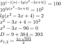 10^{(-1)*(-lg(x^2-3x+4))}=100\\10^{lg(x^2-3x+4)}=10^2\\lg(x^2-3x+4)=2\\x^2-3x+4=10^2\\x^2-3x-96=0\\D=9+384=393\\x_{1,2}=\frac{3\pm \sqrt{393}}{2}