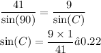 \displaystyle \frac{41}{ \sin(90) } = \frac{9}{ \sin(C) } \\ \\ \sin(C) = \frac{9 \times 1}{41} ≈0.22