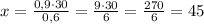 x=\frac{0,9\cdot 30}{0,6}=\frac{9\cdot 30}{6}=\frac{270}{6}=45