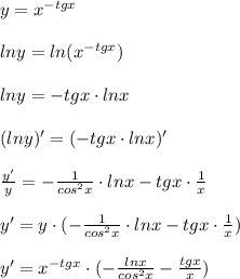 y=x^{-tgx}\\\\lny=ln(x^{-tgx})\\\\lny=-tgx\cdot lnx\\\\(lny)'=(-tgx\cdot lnx)'\\\\\frac{y'}{y}=-\frac{1}{cos^2x}\cdot lnx-tgx\cdot \frac{1}{x}\\\\y'=y\cdot (-\frac{1}{cos^2x}\cdot lnx-tgx\cdot \frac{1}{x})\\\\y'=x^{-tgx}\cdot (-\frac{lnx}{cos^2x}-\frac{tgx}{x})