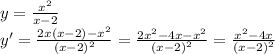 y=\frac{x^2}{x-2}\\y'=\frac{2x(x-2)-x^2}{(x-2)^2}=\frac{2x^2-4x-x^2}{(x-2)^2}=\frac{x^2-4x}{(x-2)^2}