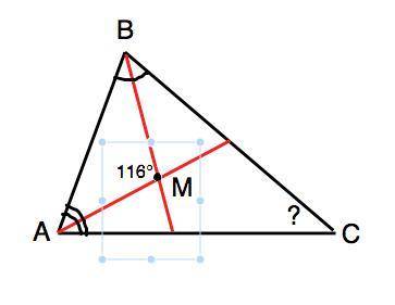 Биссектрисы углов a и b треугольника abc пересекаются в точке m. найдите ∠c, если ∠amb = 116