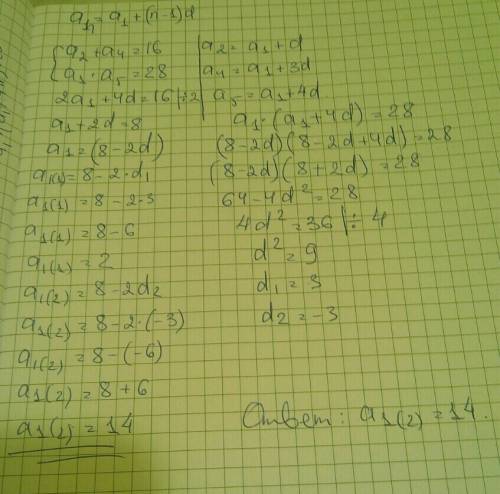 Варифметичній прогресії a 2 + a 4 = 16 , a 1 ⋅ a 5 = 28 . знайдіть a 1. у відповідь запишіть найбіль