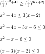 (\frac{2}{3} )^{x^{2}+4x } \geq(\frac{2}{3})^{3(x+2)}\\\\x^{2}+4x\leq 3(x+2)\\\\x^{2}+4x-3x-6\leq0\\\\ x^{2}+x-6\leq 0\\\\(x+3)(x-2)\leq0