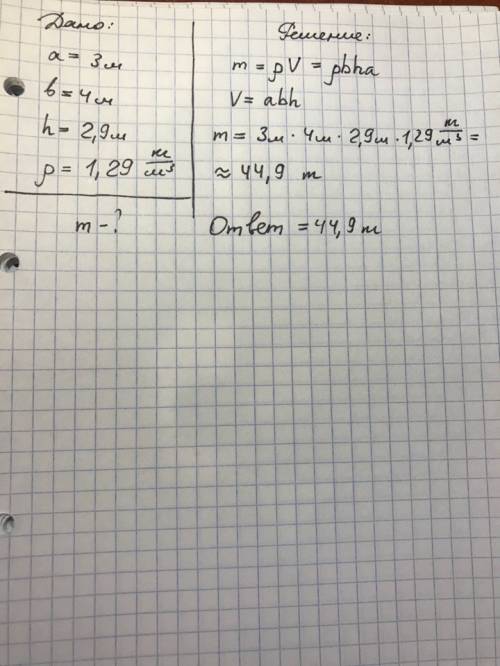 Размеры комнаты: длина- 3 м,ширина 4 м ; высота 2,9 м. определите массу воздуха, занимающего весь об
