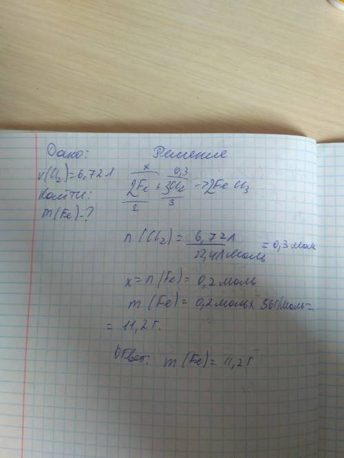 30б железо сжигали при 6,72 литрах (н.ш.да) в хлоре. сколько граммов железа реагирует на это? решите