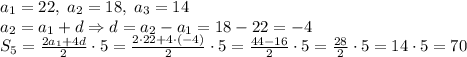 a_1=22,\;a_2=18,\;a_3=14\\a_2=a_1+d\Rightarrow d=a_2-a_1=18-22=-4\\S_5=\frac{2a_1+4d}2\cdot5=\frac{2\cdot22+4\cdot(-4)}2\cdot5=\frac{44-16}2\cdot5=\frac{28}2\cdot5=14\cdot5=70