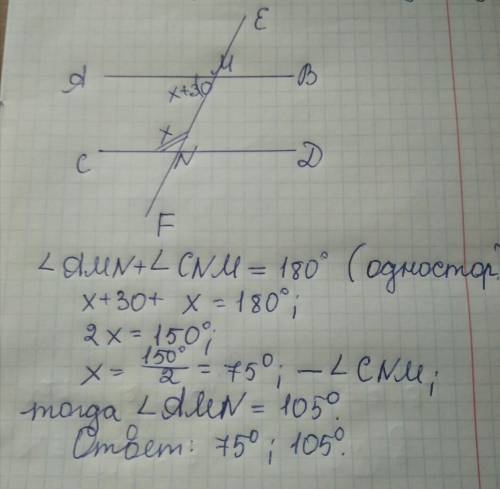Параллельные прямые ав и cd пересекаются с прямой ef в точках m и n соответственно. угол amn на 30 г