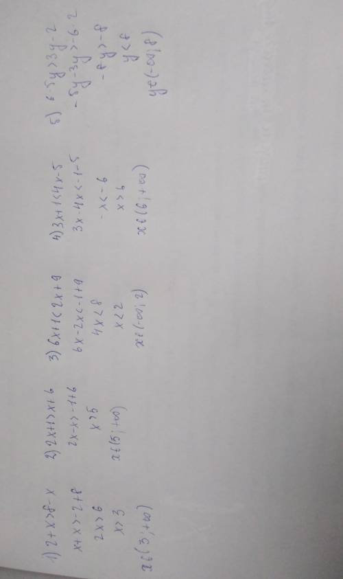 Решите неравенства: 1) 2+x> 8-x 2) 2x+1> x+6 3) 6x+1< 2x+9 4) 3x+1≤4x-5 5) 6-5y> 3y-2 6)