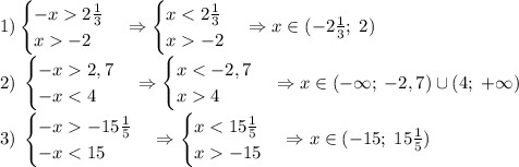 1)\begin{cases}-x2\frac13\\x-2\end{cases}\Rightarrow\begin{cases}x-2\end{cases}\Rightarrow x\in(-2\frac13;\;2)\\2)\;\begin{cases}-x2,7\\-x-15\frac15\\-x