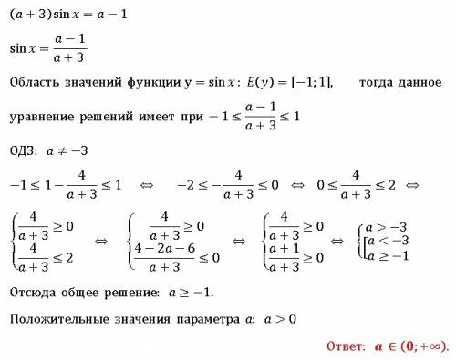 30 ! ! при каких положительных значениях a имеет решение уравнение (a+3)sin x=a-1 пояснение: a-полож