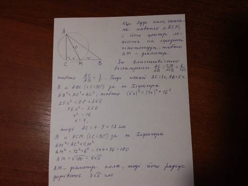 Бісектриса ам трикутника авс (кут с=90градусів) ділить катет вс на відрізки завдовжки 6 см і 10 см з