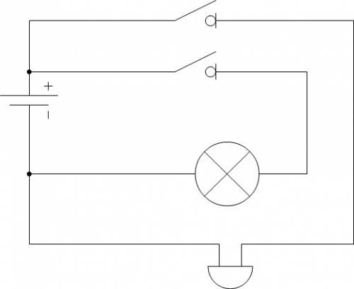 электрическая цепь состоит из батареи аккумуляторов, двух ключей, звонка и лампы, причём один ключ м