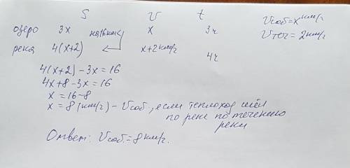 Теплоход шел 3 часа по озеру, а потом 4 часа по реке, скорость течение реки 2 км/ ч. найти собственн