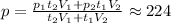 p=\frac{p_1 t_2 V_1+p_2 t_1 V_2}{t_2 V_1+t_1 V_2} \approx 224