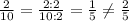 \frac{2}{10} =\frac{2:2}{10:2}=\frac{1}{5} \neq \frac{2}{5}