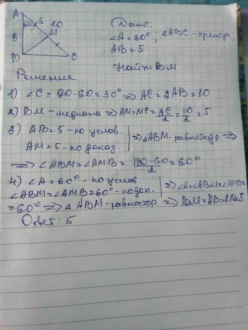 Впрямоугольном треугольнике угол в=90. угол а=60. из вершины в проведена медиана вм. известно, что а