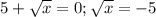 5+\sqrt{x}=0;\sqrt{x}=-5